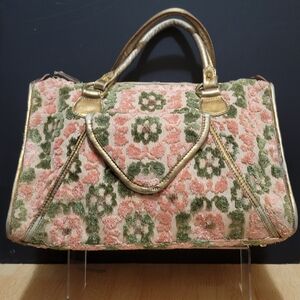 Vtg TOCCA Chenille Carpetbaggers Pink/Green Gold Leather Trim Medium Satchel